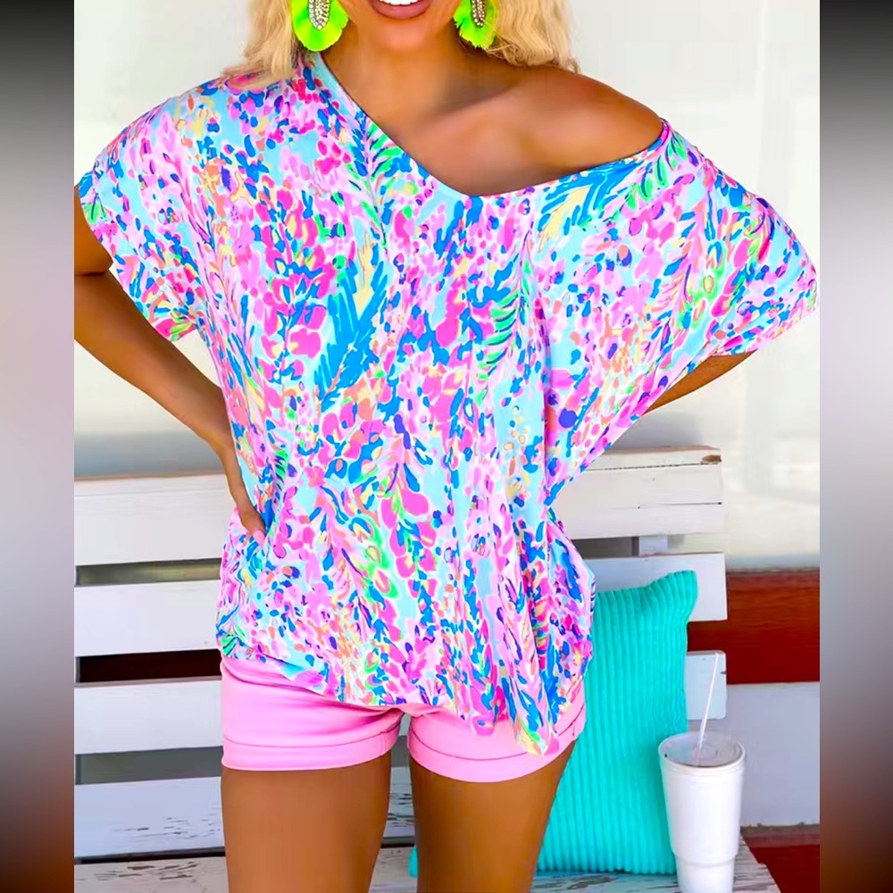 Pink Floral V-Neckline Top